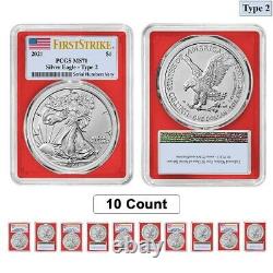 Lot of 10 2021 1 oz Silver American Eagle Type 2 PCGS MS 70 FS (Red Frame)