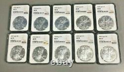 Lot of 10 Silver 2020 MS 70 American Eagle 1 oz. Brown Label. 999 fine NGC Coins
