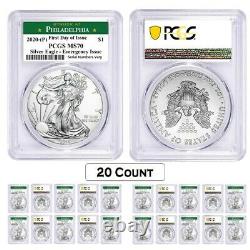 Lot of 20-2020 (P) 1 oz Silver Eagle PCGS MS 70 FDI Philadelphia Emergency Issue