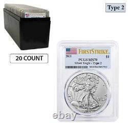 Lot of 20 2021 1 oz Silver American Eagle Type 2 PCGS MS 70 FS (Flag Label)