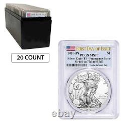 Lot of 20 2021 (P) 1 oz Silver American Eagle PCGS MS 70 FDOI Emergency Issue