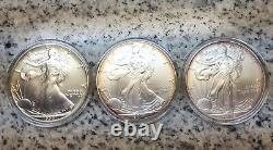 (Lot of 3 ASE) 1992 2001 2008-W American Silver Eagle. 999 Unc Edge Ring Toning