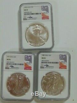 Lot of (3) American Eagle Dollar 1986 1991 1995 HTF Mercanti MS 70 NGC Coins