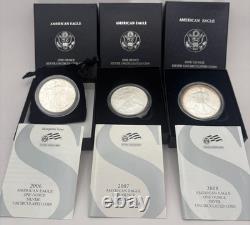Lot of 3 Silver Eagles 2006-2008 (0.99 Silver, Uncirc, OGP with COA) Box I