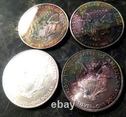 Lot of 4 2004 2007 2008 2010 Silver Eagle MONSTER RAINBOW Toned 1oz GEM BU RARE