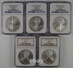 Lot of (5) 2007-W American Silver Eagle Coins NGC MS69