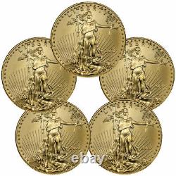 Lot of 5 2021 1/10 oz Gold American Eagle T-1 $5 Coin GEM BU