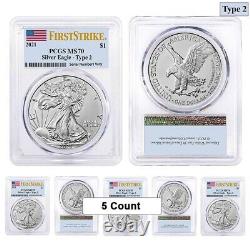 Lot of 5 2021 1 oz Silver American Eagle Type 2 PCGS MS 70 FS (Flag Label)