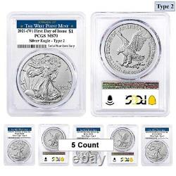 Lot of 5 2021 (W) 1 oz Silver American Eagle Type 2 PCGS MS 70 FDOI West Point