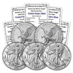 Lot of 5 2023 1oz Silver American Eagle coins BU Brilliant Uncirculated 1oz &CoA