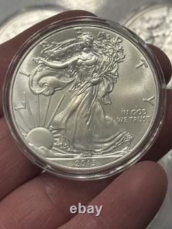 Lot of 5 American Silver Eagles 2000, 2001, 2013, 2014, 2018 in capsules BU