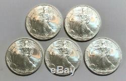 Lot of 5 BU 1 oz Silver 2007 American Eagles, 1 oz Coins. 999 Fine Silver