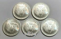 Lot of 5 BU 1 oz Silver 2007 American Eagles, 1 oz Coins. 999 Fine Silver