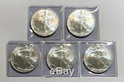 Lot of 5 BU 1 oz Silver 2007 American Eagles, 1 oz Coins. 999 Fine Silver