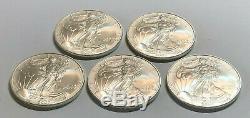 Lot of 5 BU 1 oz Silver 2007 American Eagles, 1 oz Coins. 999 Fine Silver