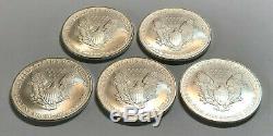 Lot of 5 BU 1 oz Silver 2007 American Eagles, 1 oz Coins. 999 Fine Silver