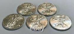 Lot of 5 BU 1 oz Silver 2014 American Eagles, 1 oz Coins. 999 Fine Silver