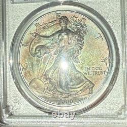 MS65 2000 ASE Silver Eagle Dollar, PCGS Trueview Dark? Rainbow Toned