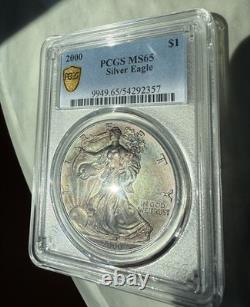 MS65 2000 ASE Silver Eagle Dollar, PCGS Trueview Dark? Rainbow Toned