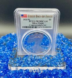 Mint 2023 W $1 Silver Eagle PCGS FDOI PR70DCAM Congratulations Set Flag 1 of 695