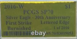Mint! Burnished 2016 $1 Lettered Edge Silver Eagle PCGS SP70 Gold Foil 1 of 2016