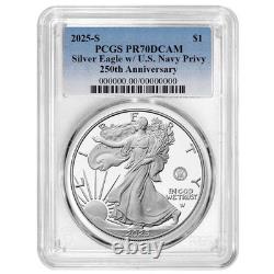 PCGS 2025-S PR69DCAM Silver Eagle WithU. S. Navy Privy 250th Anniversary Blue Label