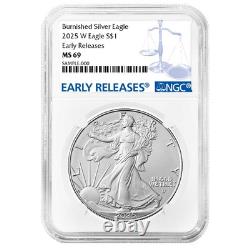 Presale 2025-W $1 1-oz Burnished American Silver Eagle NGC MS69 ER Blue Label