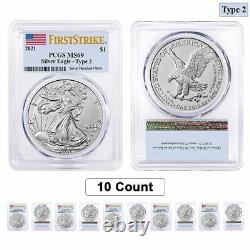 Sale Price Lot of 10 2021 1 oz Silver Eagle Type 2 PCGS MS 69 FS Flag Label