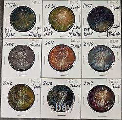 Set of 9 coins American Silver Eagle Monster Toned BU 1996 included 1 Oz Unique