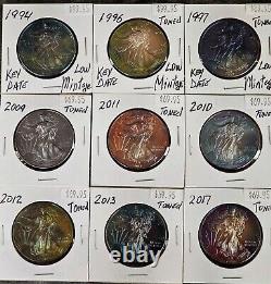 Set of 9 coins American Silver Eagle Monster Toned BU 1996 included 1 Oz Unique