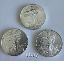 THREE (3) 2014 SILVER AMERICAN EAGLES 1 OZ BULLION COINS lot of 3. 2014 1 ounce