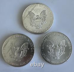 THREE (3) 2014 SILVER AMERICAN EAGLES 1 OZ BULLION COINS lot of 3. 2014 1 ounce