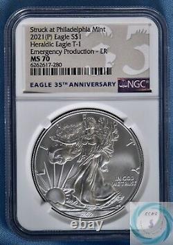 Three 2021 1 oz Silver Eagle MS70 NGC T-1 Emergency Release Philly Mint Coins