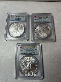 Three American silver eagle first strike 2013 S W first strikeMS 70