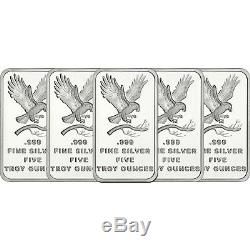 Trademark Bald Eagle 5oz. 999 Fine Silver Bars by SilverTowne LOT OF 5 (25oz)
