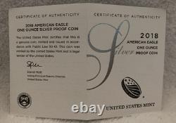 US Mint 2018-W Proof American Eagle 1 oz. Silver Coin withOGP & COA, Excellent