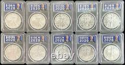 (10) 2020 American $1 Silver Eagle 1 Oz President Biden Coins Pcgs Mint State 70<br/><br/>(10) Aigle d'argent américain 2020 1 Oz Président Biden Pièces Pcgs État de la menthe 70