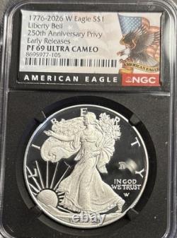 1776-2026 W Preuve $1 American Silver Eagle NGC PF69UC ER Privy Liberty Bell