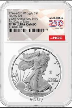 1776-2026 W Proof 1 $ Aigle en Argent Américain NGC PF70UC Monnayage Privé 250ème Anniversaire