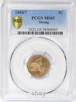 1858/7 Strong Overdate Flying Eagle Cent Top Pop Pcgs Ms65 Mint Erreur Us Coin