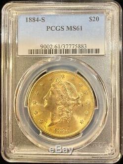 1884-s 20 $ Us Or Double Eagle Ms61 Liberty Pièce De Monnaie Liberty