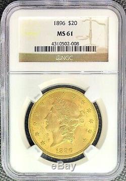 1896 $ 20 Chambres Doubles American Gold Aigle Liberté Tête Ms61 Ngc Lustrous Mint Coin