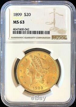 1899 $ 20 Golds Américain Double Eagle Ms63 Ngc Liberté Rare Date De Clé Coin Mint