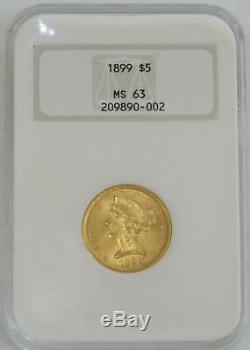 1899 Or 5 $ Liberté Head Ngc Mint Etat 63 Half Eagle Coin