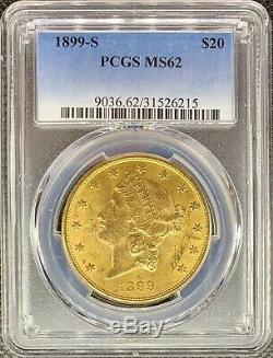 1899-s 20 $ Liberté Head American Gold Double Eagle Ms62 Pcgs Rare Date De Mint Coin