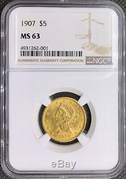1907 La Moitié D'or American Eagle 5 $ Liberté Head Ms63 Ngc Lustrous Mint Coin