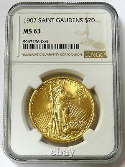 1907 Or 20 $ Saint Gaudens Double Eagle Pièce Ngc État De La Monnaie 63