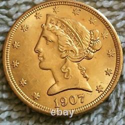 1907- P. 5 $ De Liberté Head Half Eagle Gold Coin. 626 100 États Membres Minés