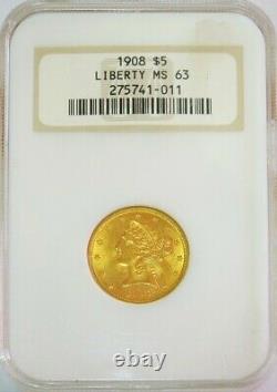 1908 Or États-unis $5 Liberty Head Half Eagle Coin Ngc Mint State 63