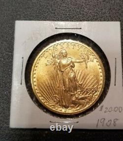 1908 Pas De Devise 20 $ Saint Gaudens American Gold Double Eagle Mint Pièce